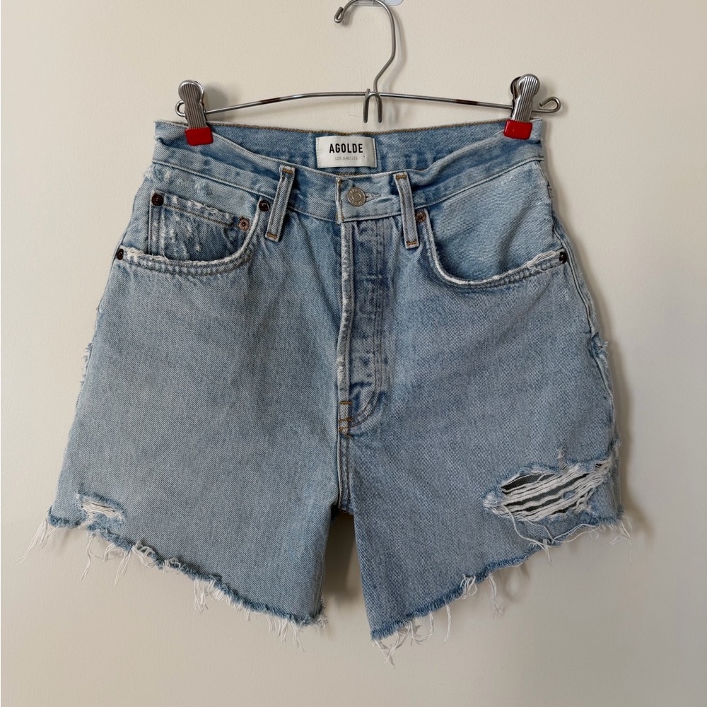 Agolde Riley Light Blue Ripped Jean Shorts - Picture 2 of 4
